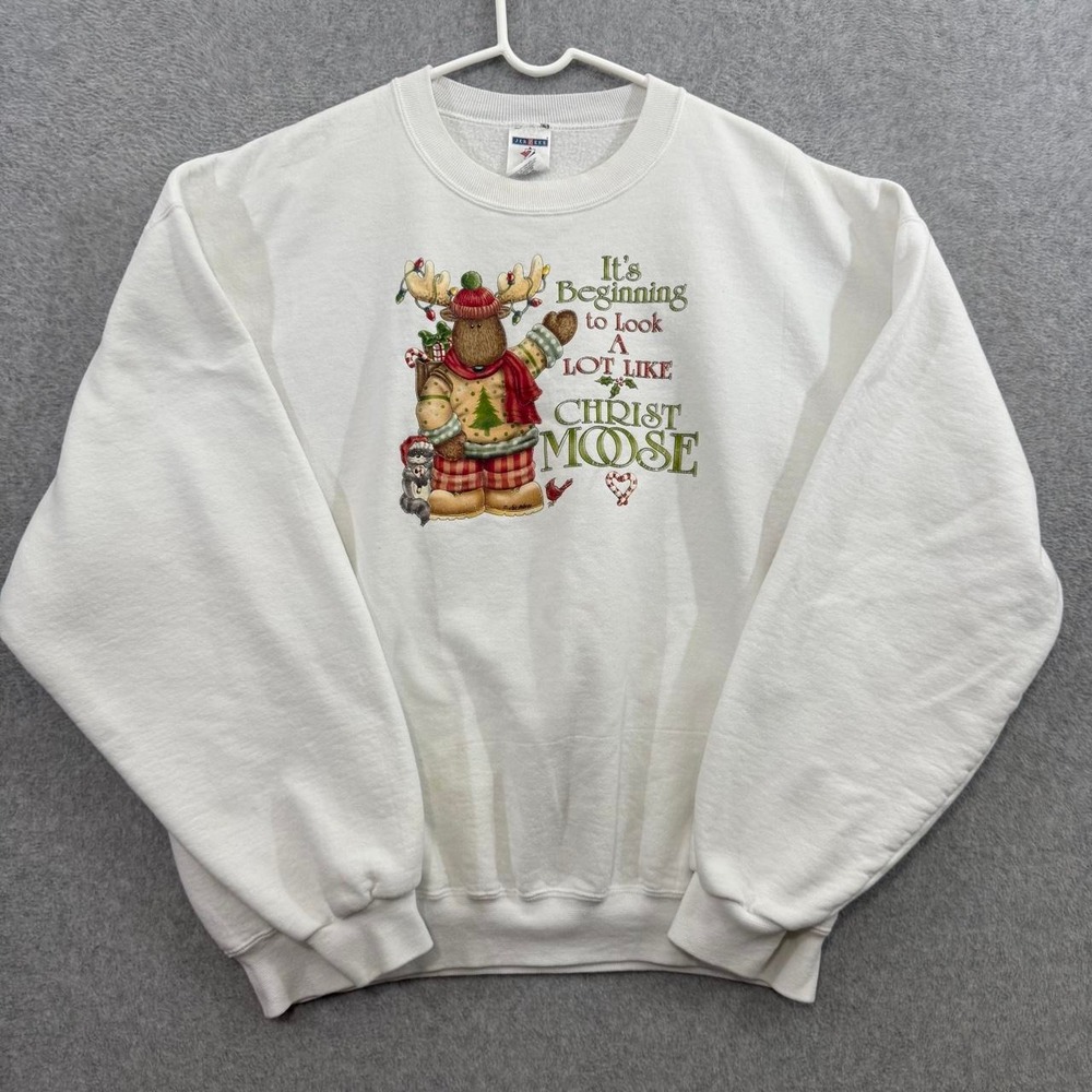 Jerzees Christmas Moose Sweatshirt XL White Holiday Graphic Crewneck